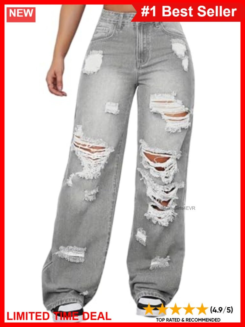 Women High Waisted Wide Leg Ripped Jeans Baggy Denim Pants Ankle